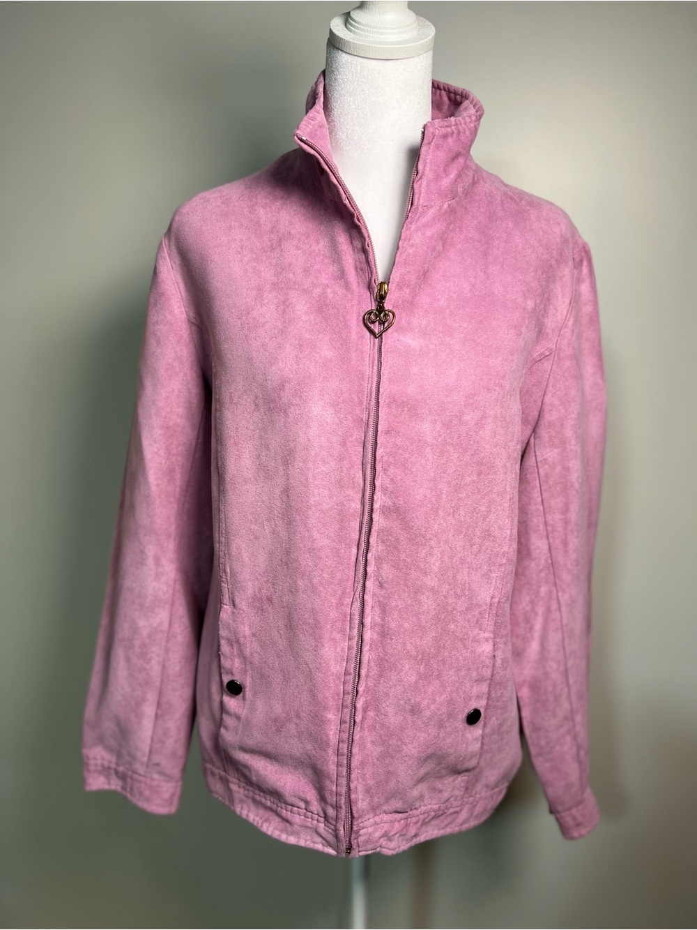 Women’s Pink Suede Zip-Up Jacket with Heart Pull